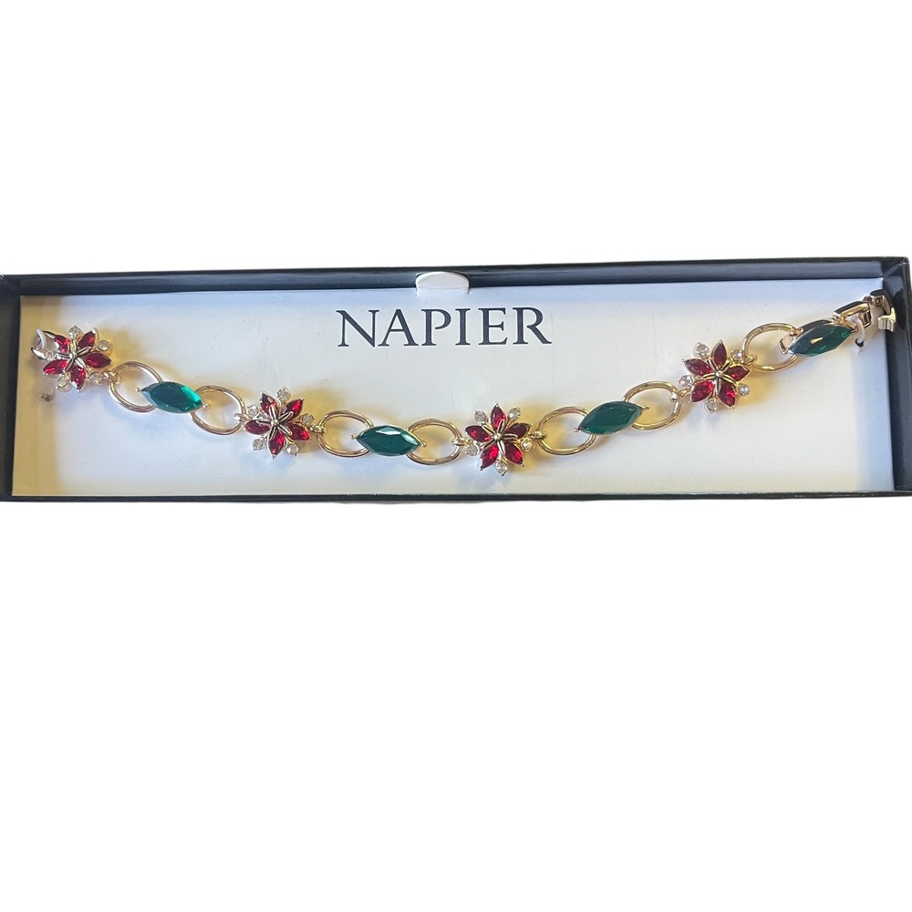 Napier Gold Tone Red Green Poinsettia Flower Crystal Chain Bracelet Boxed - Picture 6 of 6